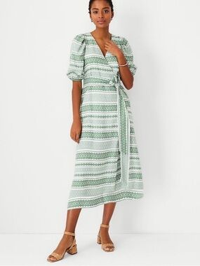 Ann Taylor Floral Striped Jacquard Puff Sleeve Wrap Green & White Midi Dress 4T